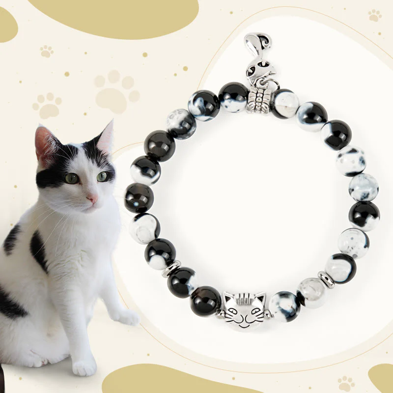 Buddha Stones Black and White Cat Fire Agate Bead Love Bracelet