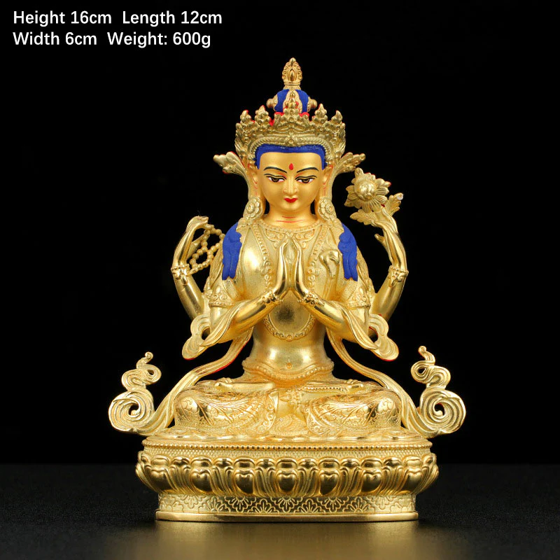 Buddha Stones Chenrezig Four-armed Avalokitesvara Protection Copper Gold Plated Statue Decoration