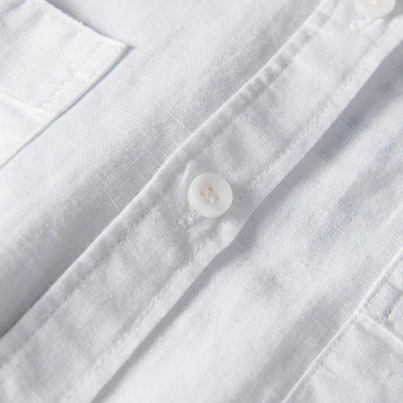 Buddha Stones Casual Daily Simple Buttons Design Stand Collar Men's Short Sleeve Cotton Linen Shirt With Front Pockets
