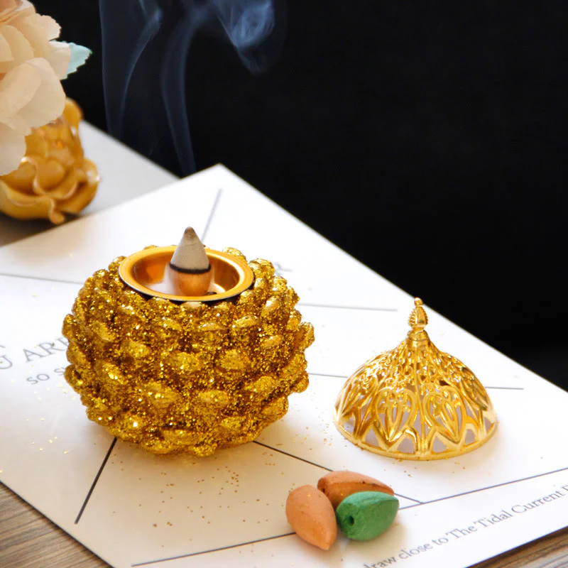Buddha Stones Gold Pine Cone Pattern Spiritual Rituals Mini Incense Burner Home Tabletop Decor