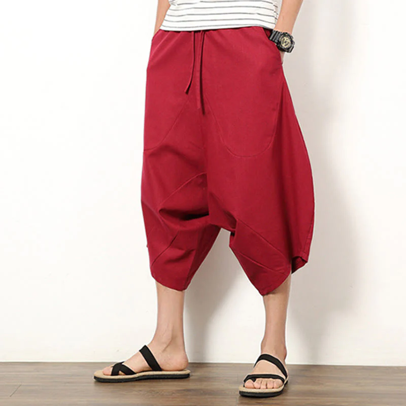 Buddha Stones Spring Plain Simple Patchwork Design Drawstring Cotton Linen Men's 7-8 Length Wide Leg Pants With Pockets