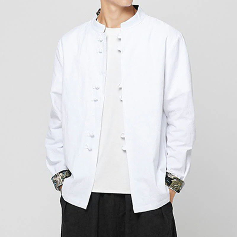 Buddha Stones Men's Frog-Button Dragon Pattern Cuffs Cotton Long Sleeve Shirt