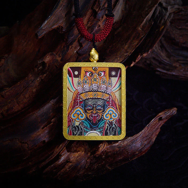 Buddha Stones Tibetan Zakiram Nine Tailed Fox Yellow God of Wealth Painted Thangka Hope Necklace Pendant