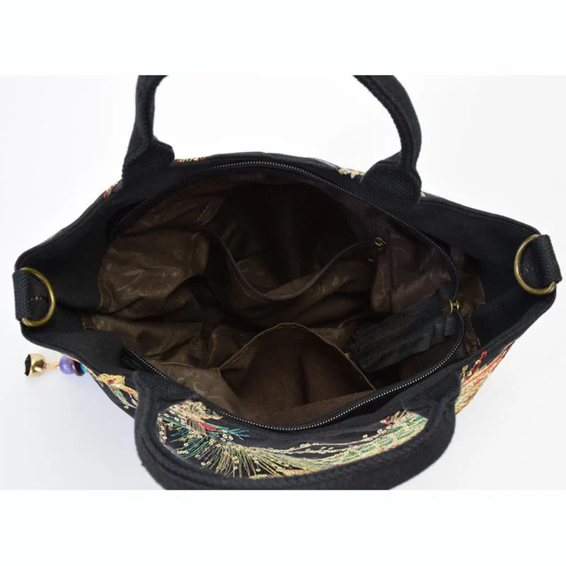 Buddha Stones Peacock Double-sided Embroidery Tote Bag Shoulder Bag Crossbody Bag