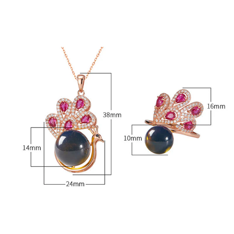 Buddha Stones Peacock Amber Fortune Love Necklace Pendant Ring