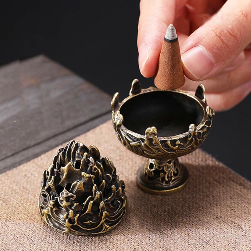 Buddha Stones Tibetan Mini Mountain Pattern Meditation Copper Alloy Incense Burner