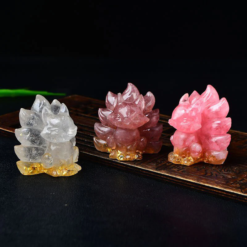 Buddha Stones Natural Various Crystal Strawberry Quartz Amethyst Nine Tailed Fox Protection Home Decoration