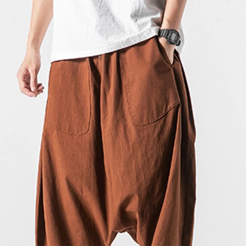 Buddha Stones Casual Low Crotch Design Drawstring Men's 7-8 Length Cotton Linen Wide Leg Pants With Pockets