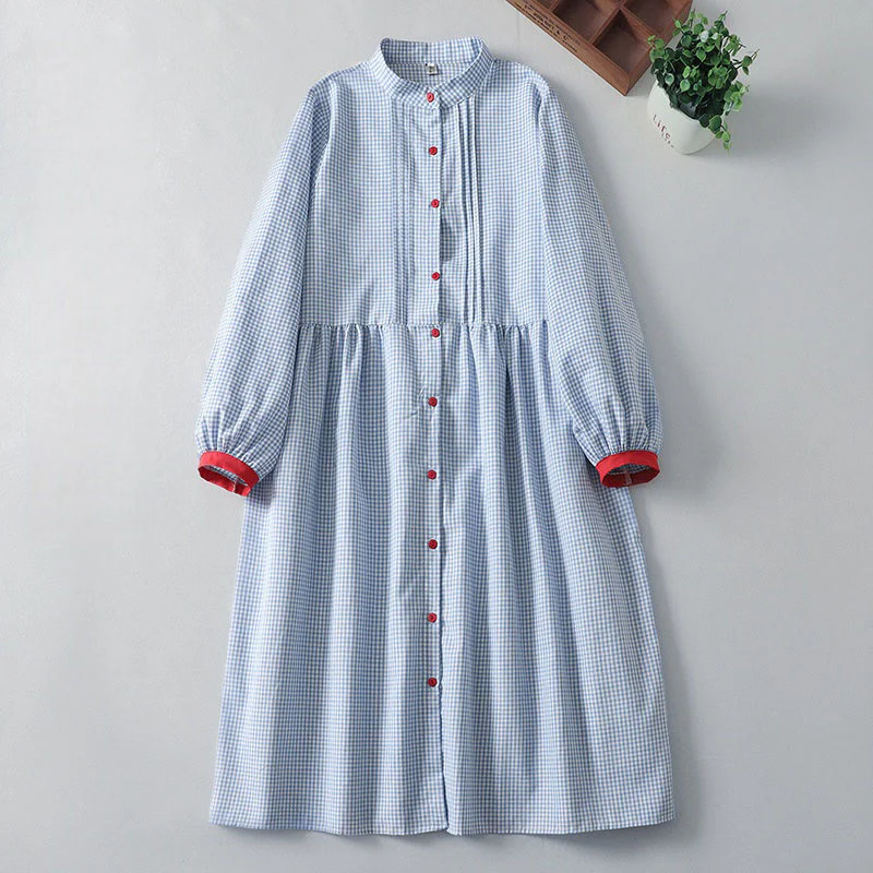 Buddha Stones Casual Plaid Pattern Long Lantern Sleeve Cotton Linen Midi Dress With Pockets