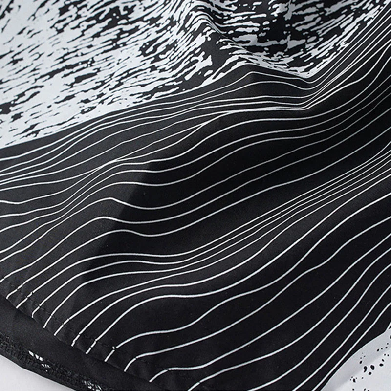 Buddha Stones Printing Irregular Lines Back Lace-up Design Lapel Cotton Midi Dress With Pockets