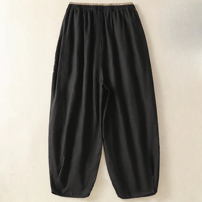 Buddha Stones Casual Embroidery Women's Cotton Linen 7-8 Length Harem Pants With Pockets