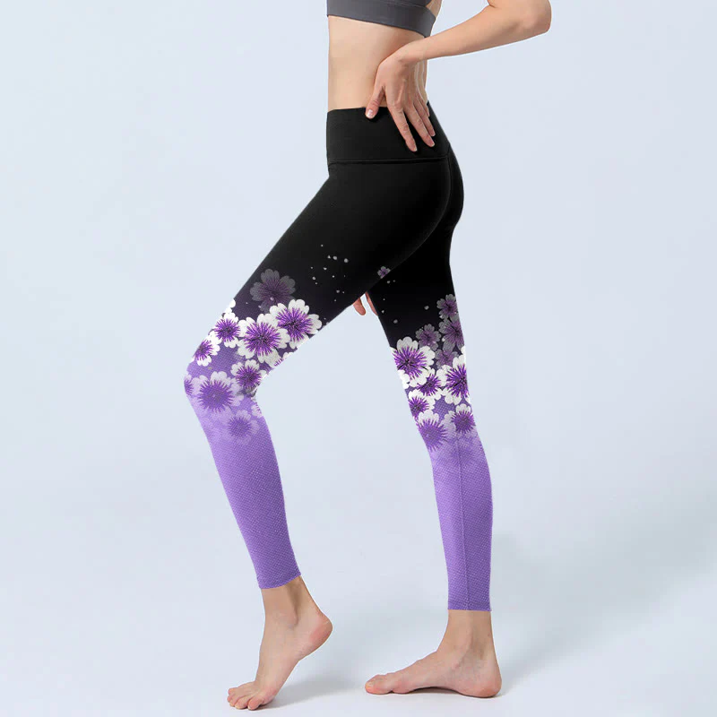 Buddha Stones White Purple Cherry Blossom Pattern Print Gym Leggings Women's Yoga Pants
