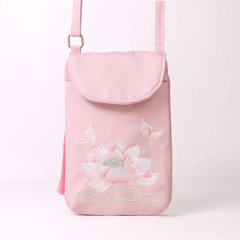 Buddha Stones Small Embroidered Flowers Crossbody Bag Shoulder Bag Double Layer Cellphone Bag