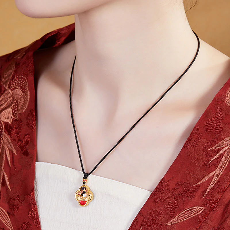 Buddha Stones 925 Sterling Silver Plum Blossom Cat Four Leaf Clover Blessing Necklace Pendant