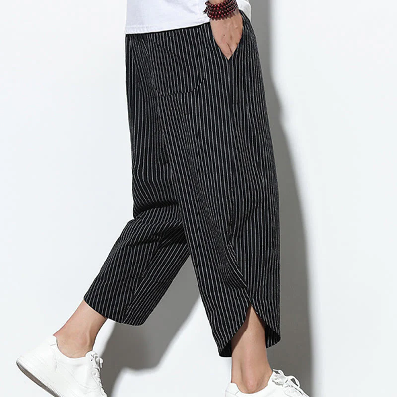 Buddha Stones Summer Stripes Pattern Drawstring Cotton Linen Men's 7-8 Length Harem Pants With Pockets