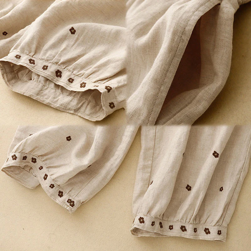 Buddha Stones Casual Embroidered Petals Women's Cotton Linen 7-8 Length Harem Pants With Pockets