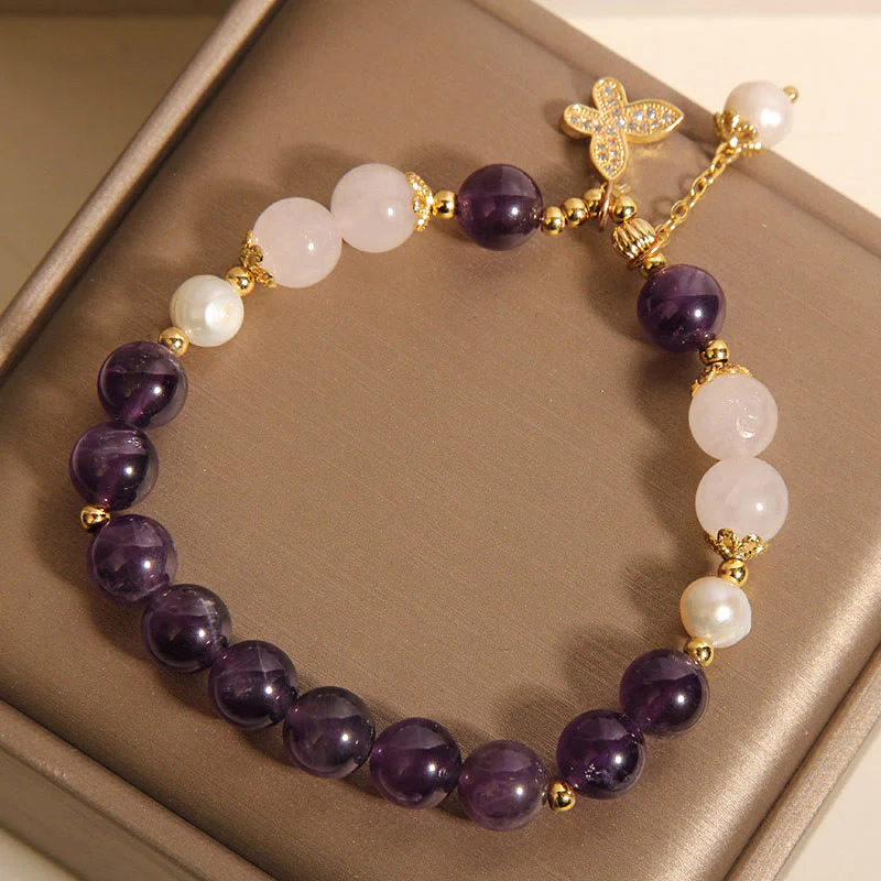 Buddha Stones Natural Amethyst Pearl Crystal Spiritual Healing Butterfly Charm Bracelet