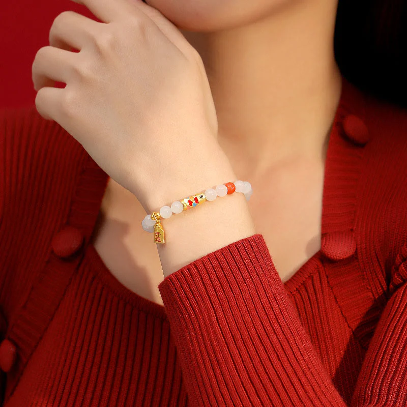 Buddha Stones 925 Sterling Silver Hetian White Jade Red Agate Koi Fish Luck Happiness Bracelet