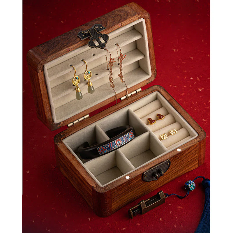 Buddha Stones Retro Handmade Floral Pattern Rosewood Jewelry Storage Box Lockable Wooden Gift Organizer Box