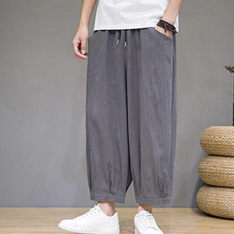Buddha Stones Simple Cotton Men's Cropped Capri Harem Pants With Pockets