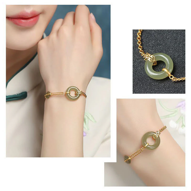 Buddha Stones Round Jade Peace Buckle Gourd Fu Character Auspicious Prosperity Chain Bracelet