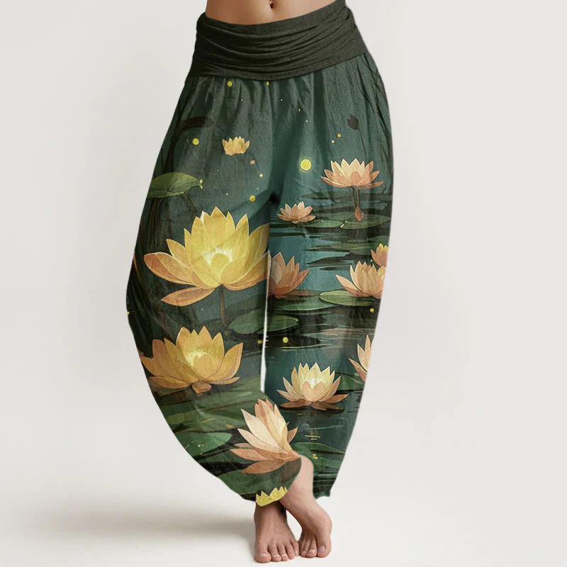 Buddha Stones Casual Peaceful Nighttime Lotus Pattern Women's Elastic Waist Harem Pants