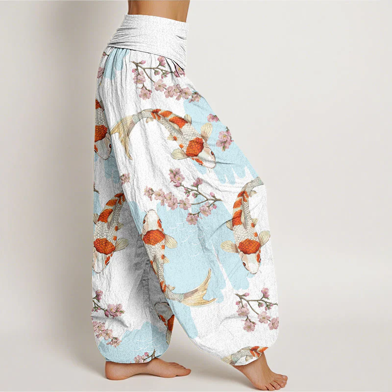 Buddha Stones Casual Koi Fish Cherry Blossom Pattern Women's Elastic Waist Harem Pants