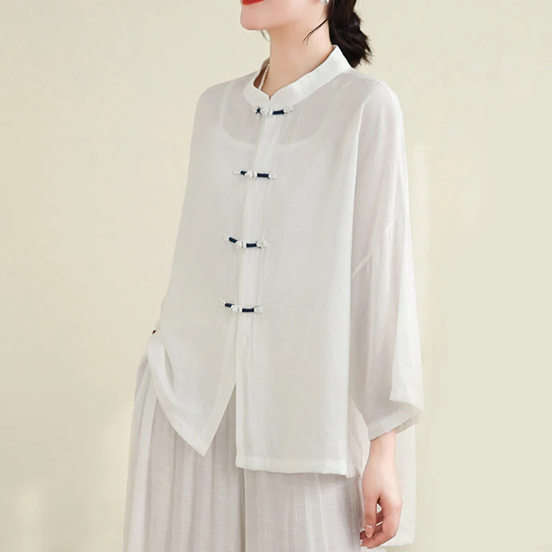 Buddha Stones 2pcs Casual Women's Frog Button Shirt Loose Pants Meditation Clothing Set