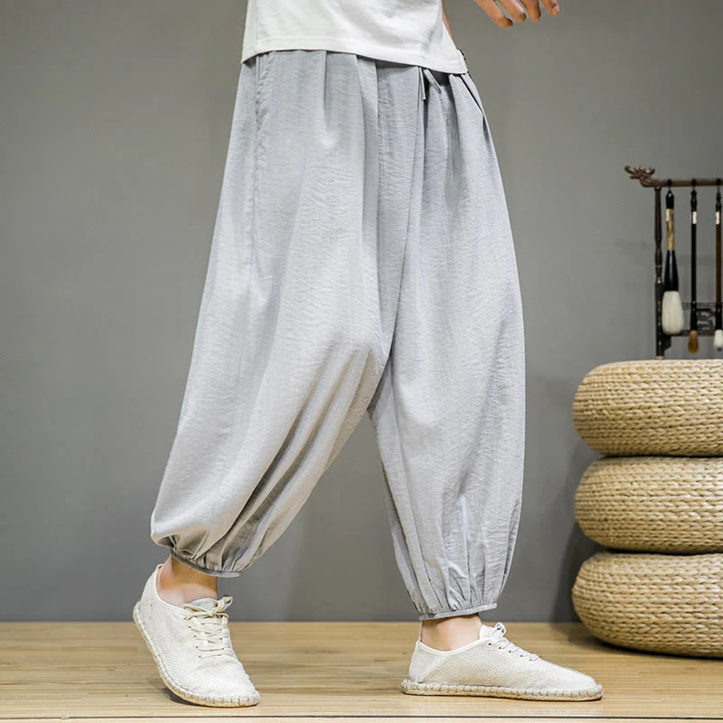 Buddha Stones Summer Plain Drawstring Men's Ankle-Length Cotton Harem Pants With Pockets
