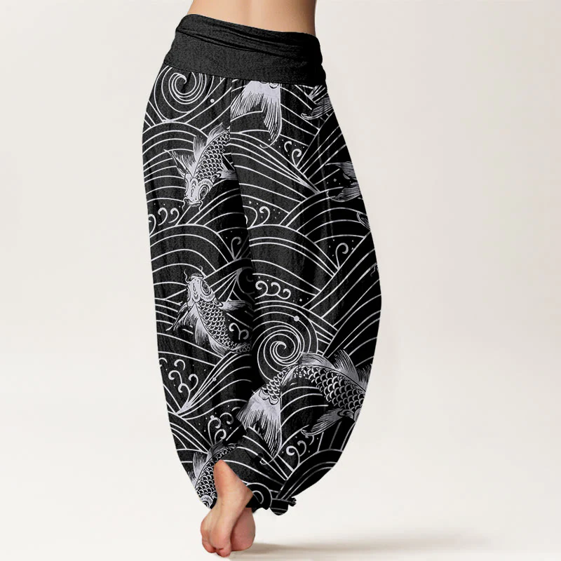 Buddha Stones Koi Fish Wave Pattern Women's Elastic Waist Harem Pants