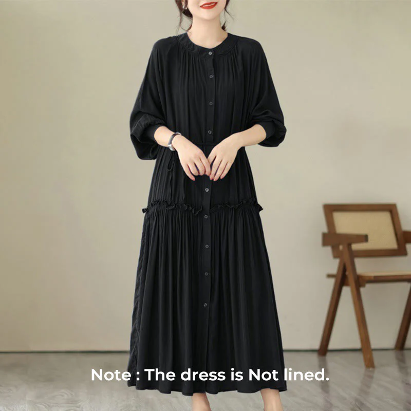 Buddha Stones Casual Plain Crew Neck Pleated Polyester Midi Dress With Pockets