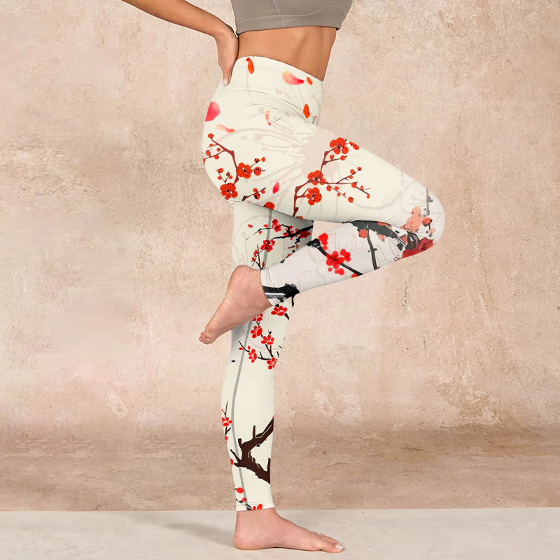 Buddha Stones Blooming Red Plum Blossoms Print Gym Leggings Women's Yoga Pants