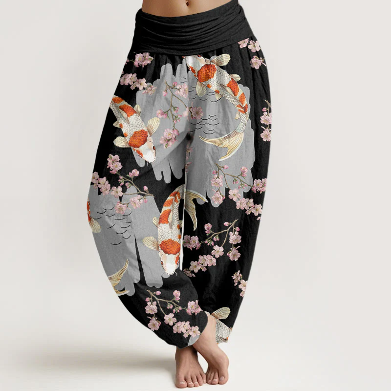 Buddha Stones Casual Koi Fish Cherry Blossom Pattern Women's Elastic Waist Harem Pants