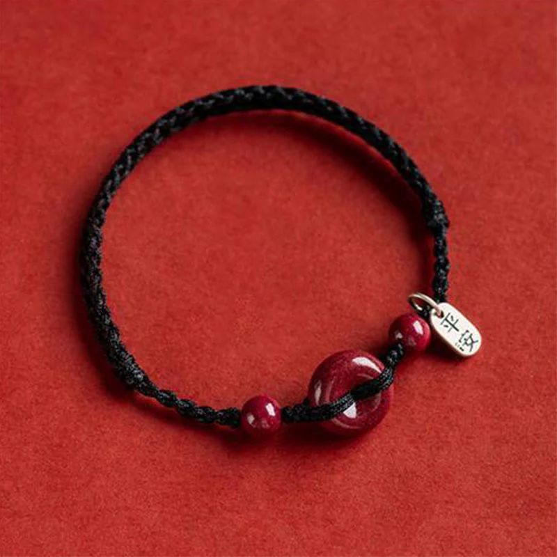 Buddha Stones Handmade Cinnabar Peace Buckle Safe and Healthy Charm Blessing String Bracelet Anklet