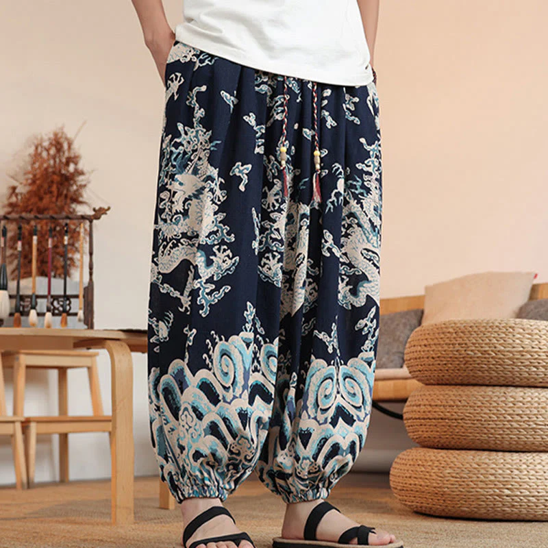 Buddha Stones Dragon Print Cotton Men's Harem Ankle-Length Pants With Pockets