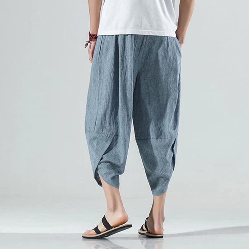 Buddha Stones Plain Simple Design Drawstring 7-8 Length Linen Men's Harem Pants With Pockets