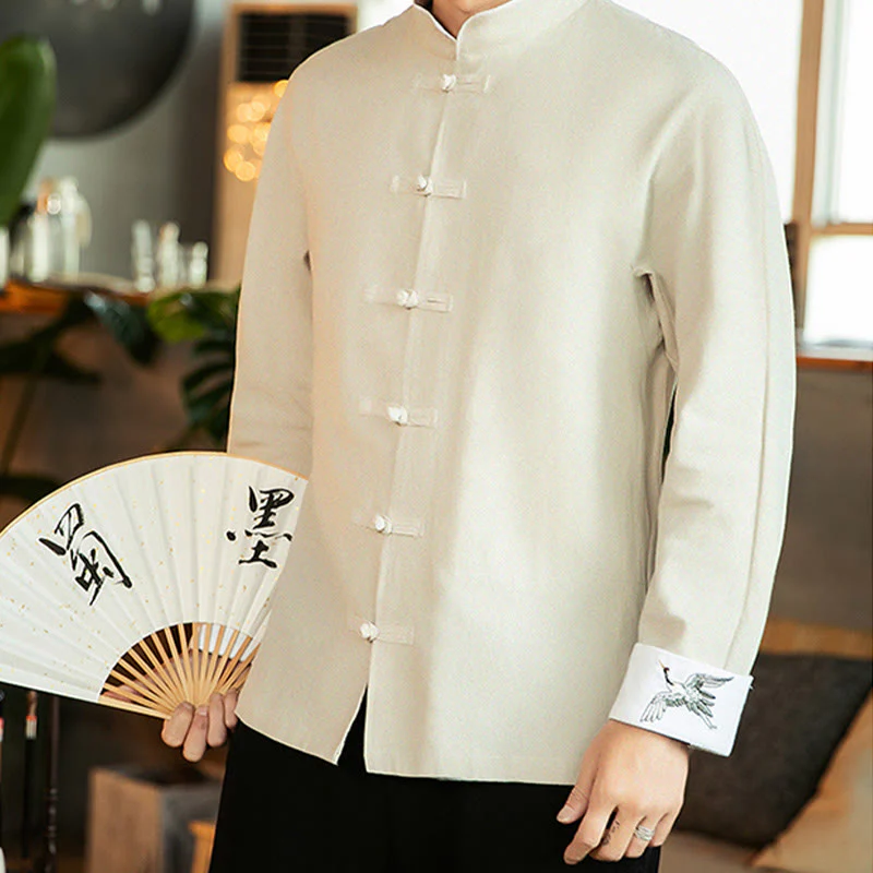 Buddha Stones Tang Suit Frog-Button Crane Embroidery Long Sleeve Cotton Men's Shirt