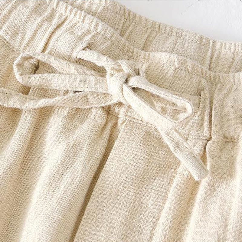 Buddha Stones Summer Solid Color Drawstring Elastic Waist Men's Cotton Linen Shorts With Pockets