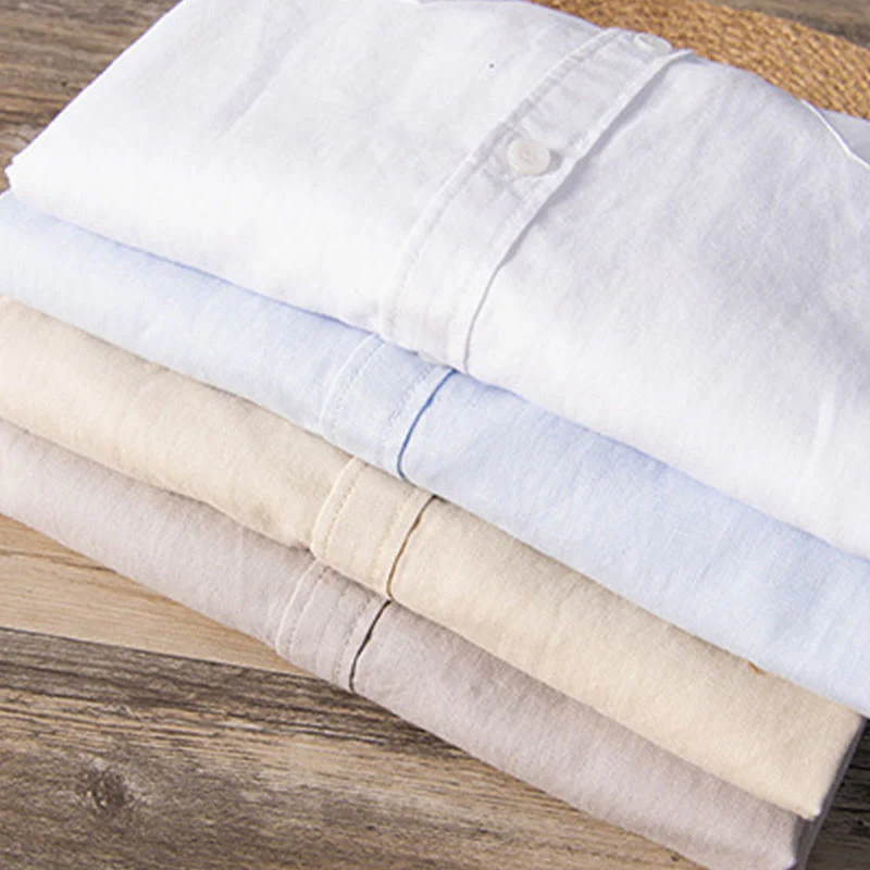 Buddha Stones Casual Daily Simple Buttons Design Stand Collar Men's Short Sleeve Cotton Linen Shirt With Front Pockets