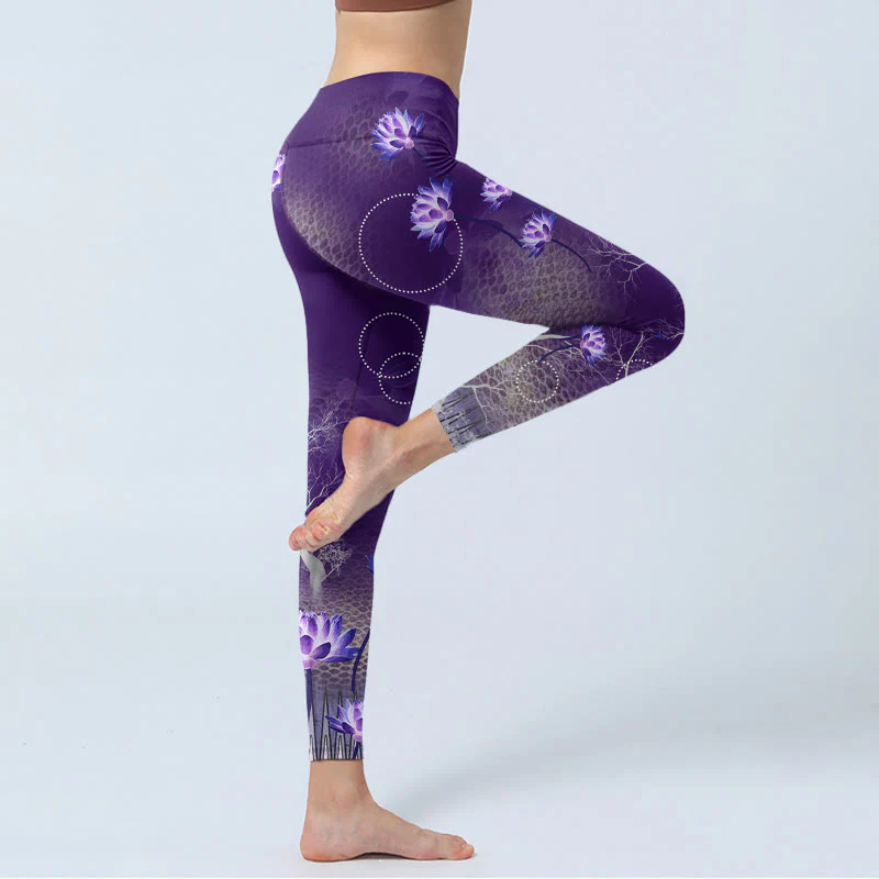 Buddha Stones Lotus Flower White Branch Dotted Circle Pattern Print Gym Leggings Women's Yoga Pants