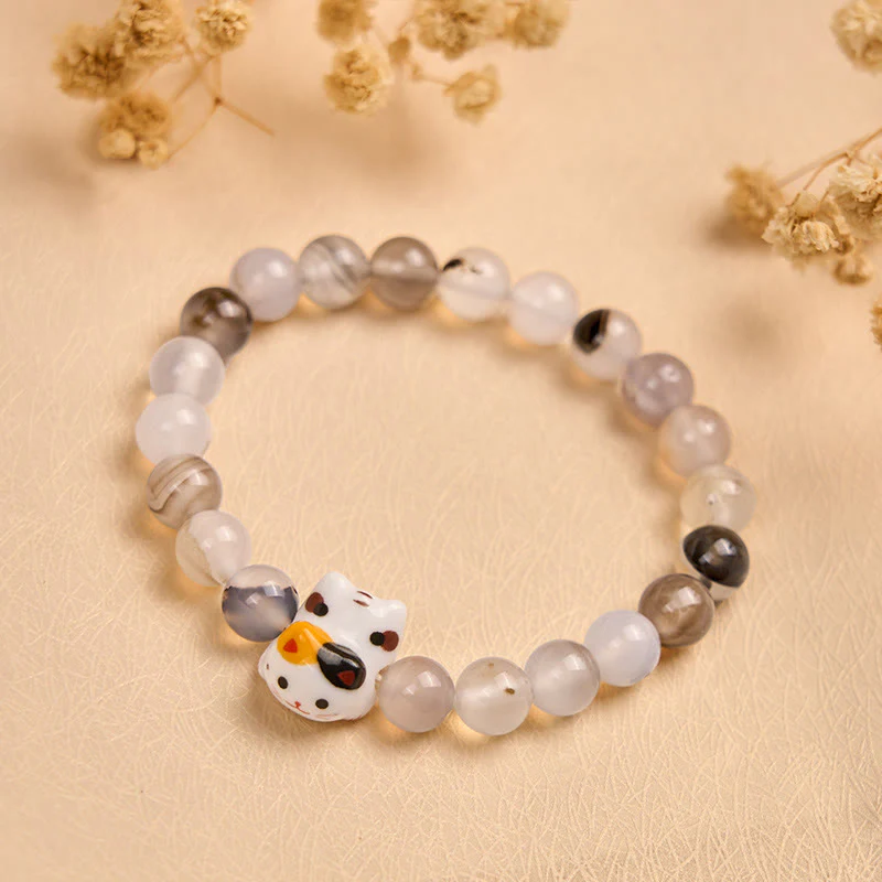 Buddha Stones Calico Cat Natural Agate Stone Ceramic Kitten Head Power Bracelet