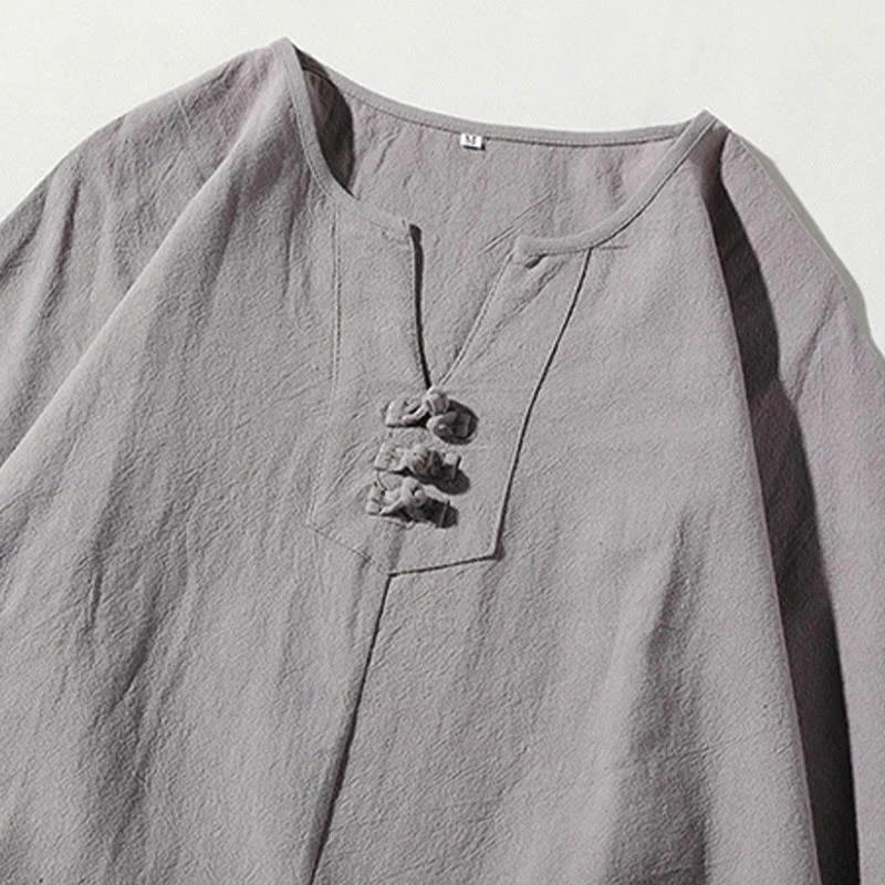 Buddha Stones 2Pcs Plain Notched Collar T-Shirt 7-8 Length Wide Leg Shorts With Pockets Cotton Linen Men's Meditation Cloth Set