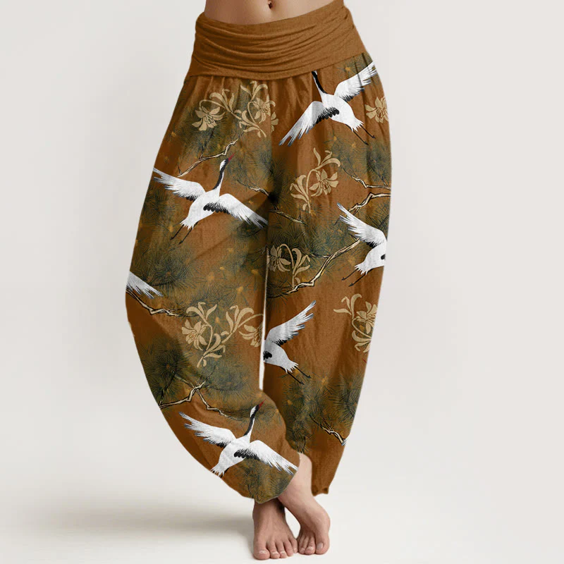 Buddha Stones Casual Red-crowned Crane Pine Tree Pattern Women's Elastic Waist Harem Pants