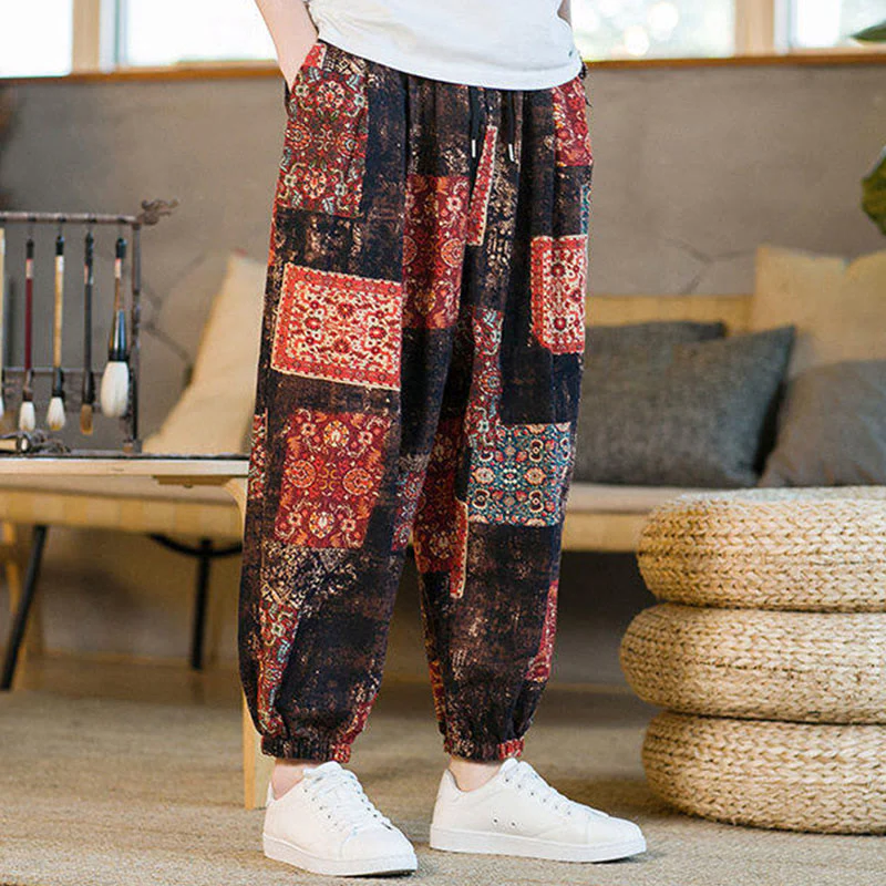 Buddha Stones Summer Square Patchwork Cotton Linen Men's Ankle-Length Harem Pants With Pockets