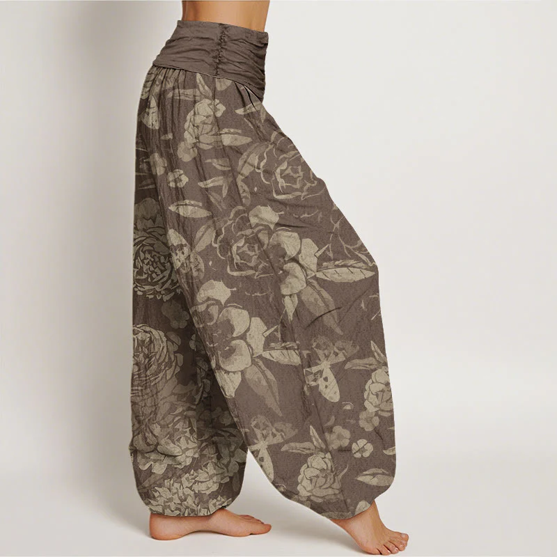 Buddha Stones Casual Peony Flowers Leaves Women's Elastic Waist Harem Pants