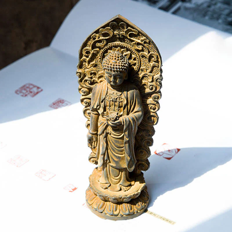 Buddha Stones Handmade Amitabha Guanyin Avalokitesvara Mahasthamaprapta Iron Powder Rust Cast Resin Statue Decoration