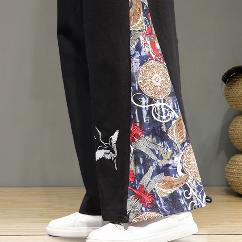 Buddha Stones Crane Embroidery Drawstring Men's Cotton Linen Wide Leg Pants With Pockets