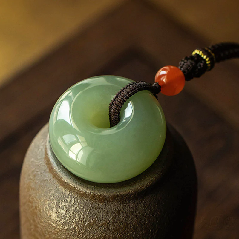 Buddha Stones Natural Round Jade Gray Jade Peace Buckle Luck Necklace Pendant