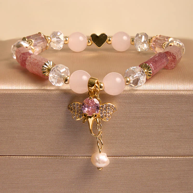 Buddha Stones Amethyst Green Aventurine Strawberry Quartz Positive Elephant Charm Bracelet