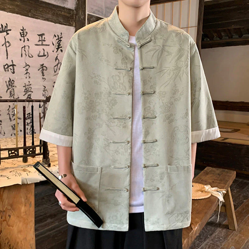 Buddha Stones Jacquard Bamboo Plum Bossom Pattern Chinese Frog-Button Design Men's Half Sleeve Cotton Shirt With Pockets